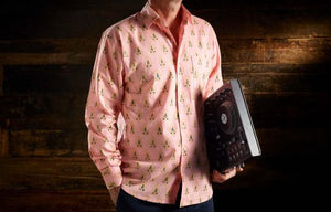 Pink Salinas shirt, worn by a model.